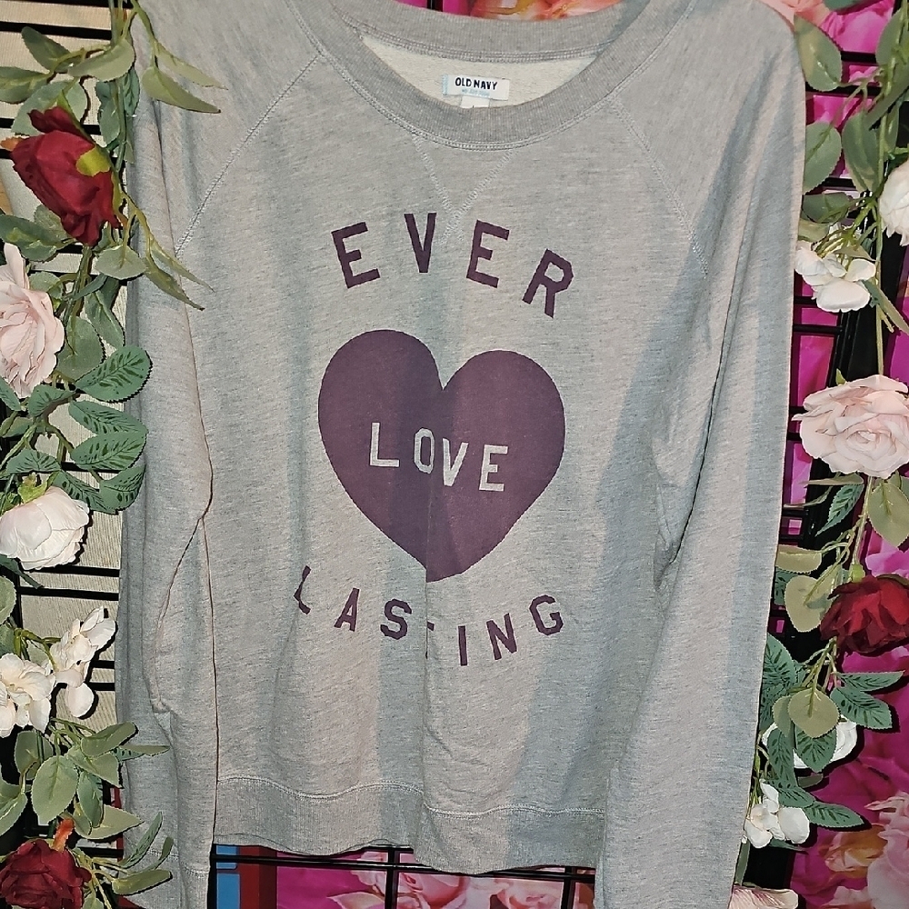 Old Navy Gray Crewneck Sweatshirt with Purple Design "Everlasting Love" Sz Large